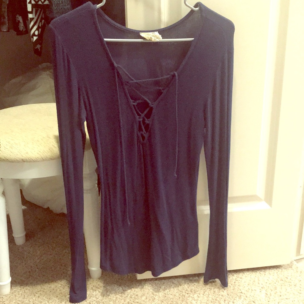 LA Hearts blue long sleeve low cut shirt
